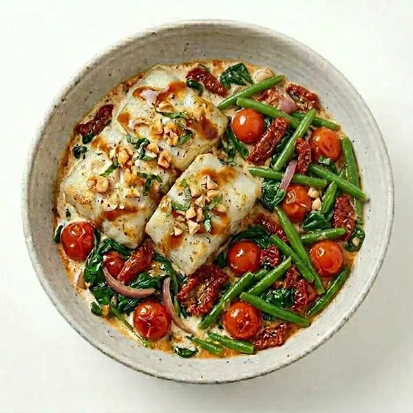 Creamy Sundried Tomato Fish with Spinach, Green Beans  & Tomato Sauté